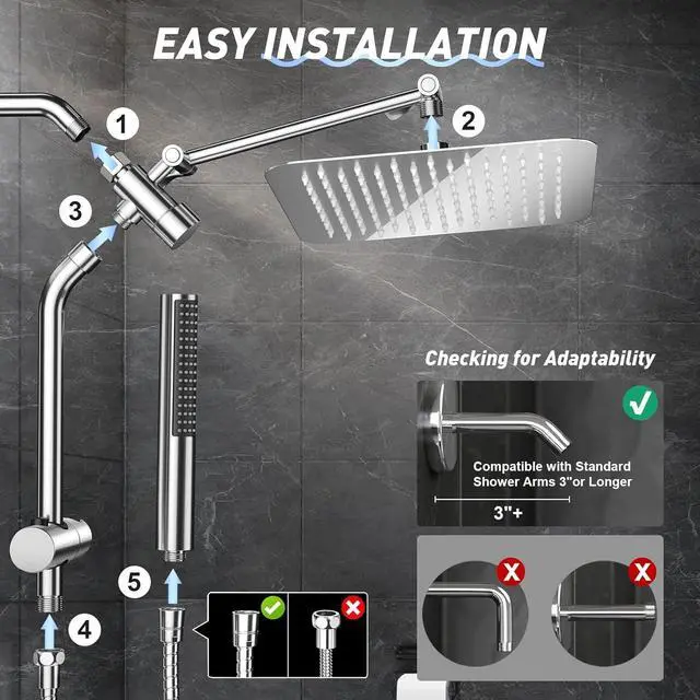 Alt view image 7 of 7 - Shower Head 10 Luxury All Metal Rain Shower Heads with Handheld Spray Combo Hand Held Bathroom Combo with Adjustable Extension Arm Bathroom Accessories Dual Rainfall Showerhead Chrome