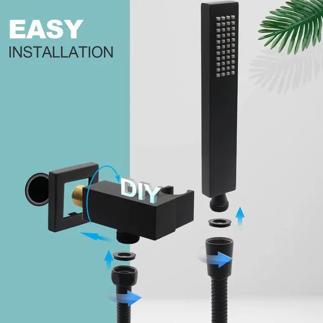 Alt view image 6 of 7 - ENGA Square Matte Black Solid Brass Eco-Performance Hand Held Shower Head with Wall Connector and Hose Wall Mount Handheld Showerheads Set
