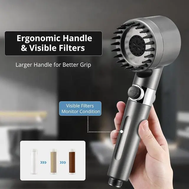 Alt view image 6 of 7 - Fitered Shower Head with Handheld for Hard Water High Pressure Handheld Shower Heads with On Off Switch for Rv/Camper Showerhead with Long Hose(Gun Grey 2 Filters)