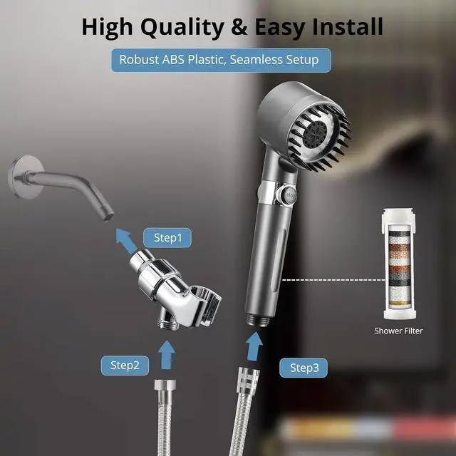 Alt view image 7 of 7 - Fitered Shower Head with Handheld for Hard Water High Pressure Handheld Shower Heads with On Off Switch for Rv/Camper Showerhead with Long Hose(Gun Grey 2 Filters)