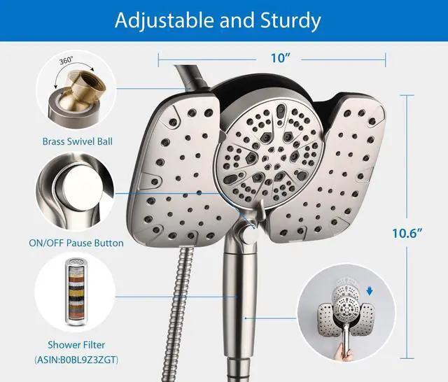 Alt view image 5 of 7 - Nickel 2.5GPM Shower Head with Handheld High Pressure: 10 Rainfall Shower Head & HandHeld Shower Head 10 Spray Settings Detachable Shower Head with ON/OFF Switch and 15-Stage Filter
