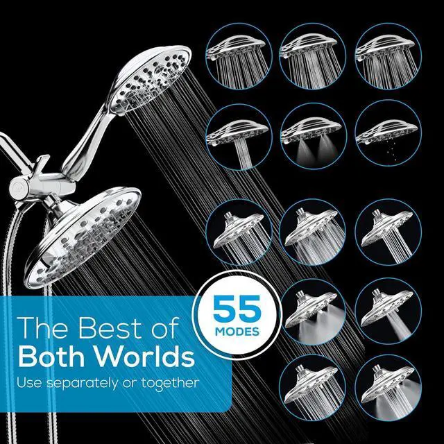 Alt view image 2 of 7 - Dual Shower Head - 8 High Pressure 55-Mode Rain Shower Heads with Handheld Spray Combo - Rainfall Handheld & Dual Mode - Easy Install 3-Way Showerhead with Hose & Holder (Polished Chrome)
