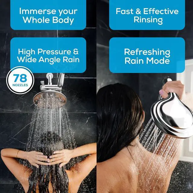 Alt view image 4 of 7 - Dual Shower Head - 8 High Pressure 55-Mode Rain Shower Heads with Handheld Spray Combo - Rainfall Handheld & Dual Mode - Easy Install 3-Way Showerhead with Hose & Holder (Polished Chrome)