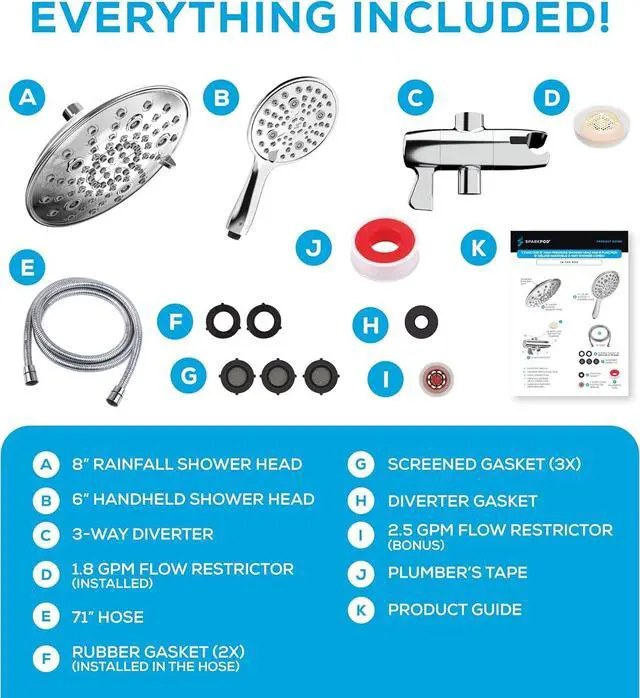 Alt view image 7 of 7 - Dual Shower Head - 8 High Pressure 55-Mode Rain Shower Heads with Handheld Spray Combo - Rainfall Handheld & Dual Mode - Easy Install 3-Way Showerhead with Hose & Holder (Polished Chrome)