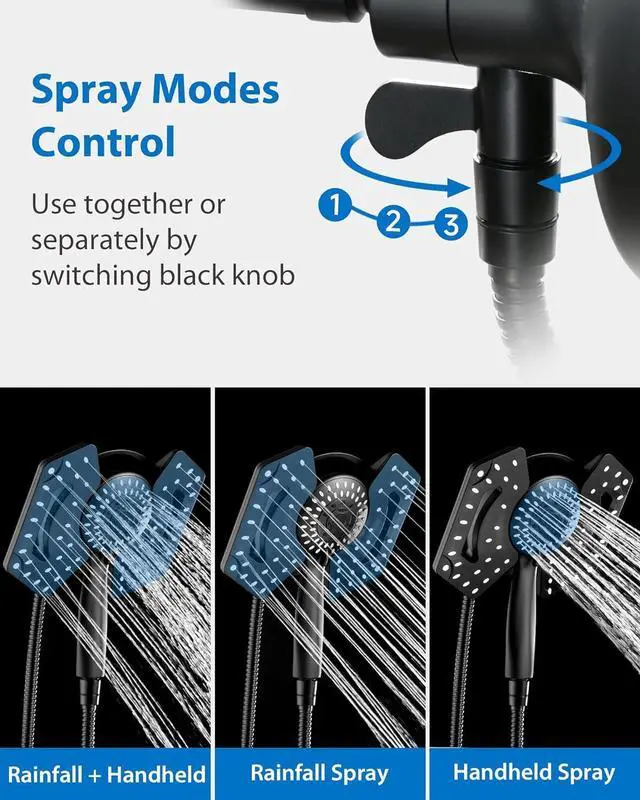 Alt view image 3 of 7 - Black Shower Head with Handheld: 2-in-1 Shower Head High Pressure with Rainfall Showerhead Handheld Showerheads Detachable Shower Heads with Hose 2.5GPM Double Shower Head Dual Shower Heads Cambo