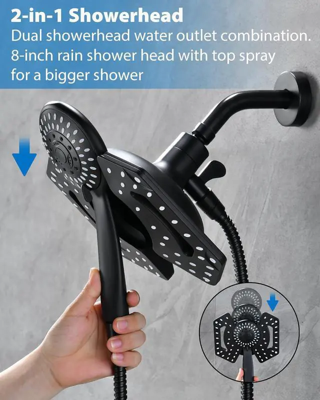 Alt view image 5 of 7 - Black Shower Head with Handheld: 2-in-1 Shower Head High Pressure with Rainfall Showerhead Handheld Showerheads Detachable Shower Heads with Hose 2.5GPM Double Shower Head Dual Shower Heads Cambo
