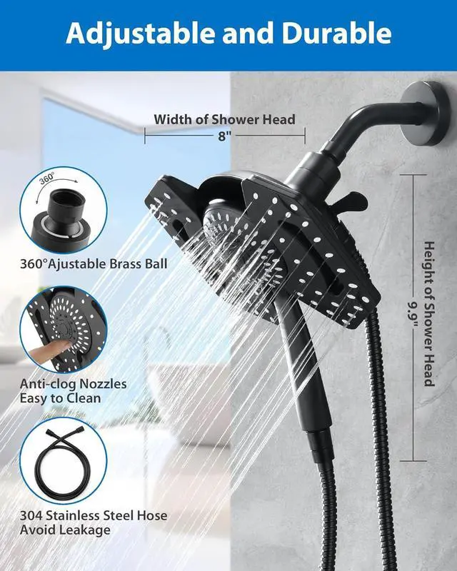 Alt view image 6 of 7 - Black Shower Head with Handheld: 2-in-1 Shower Head High Pressure with Rainfall Showerhead Handheld Showerheads Detachable Shower Heads with Hose 2.5GPM Double Shower Head Dual Shower Heads Cambo