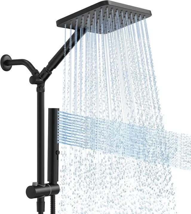 Main image of Shower Heads with Handheld Spray Combo Matte Black 10 Inch High Pressure Rain/Rainfall Shower Head Height Adjustable Dual 2 in 1 Shower Head System with Stainless Steel Hose