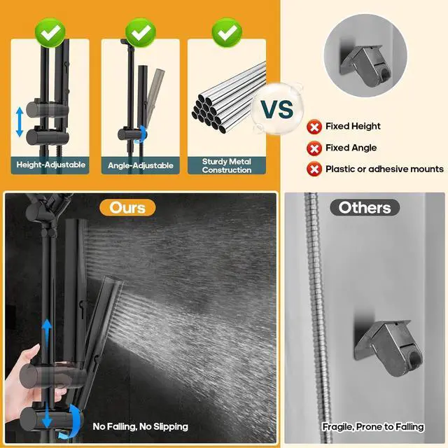 Alt view image 3 of 6 - Shower Heads with Handheld Spray Combo Matte Black 10 Inch High Pressure Rain/Rainfall Shower Head Height Adjustable Dual 2 in 1 Shower Head System with Stainless Steel Hose