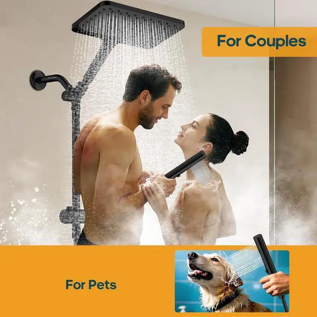 Alt view image 4 of 6 - Shower Heads with Handheld Spray Combo Matte Black 10 Inch High Pressure Rain/Rainfall Shower Head Height Adjustable Dual 2 in 1 Shower Head System with Stainless Steel Hose