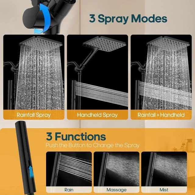 Alt view image 6 of 6 - Shower Heads with Handheld Spray Combo Matte Black 10 Inch High Pressure Rain/Rainfall Shower Head Height Adjustable Dual 2 in 1 Shower Head System with Stainless Steel Hose