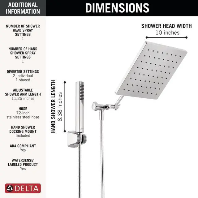 Alt view image 6 of 7 - Faucet 10-inch Raincan Shower Head and Hand Held Shower Combo Chrome Square Shower Head Rainfall Shower Head Hand Shower High Pressure Shower Head 1.75 GPM Flow Rate Chrome 75527