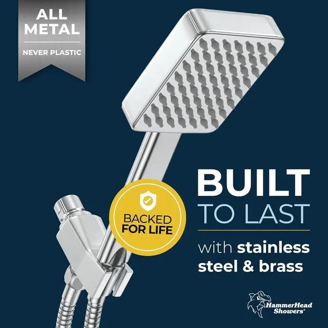 Alt view image 2 of 7 - ? ALL METAL Square Handheld Shower Head with Hose and Brass Holder - CHROME - 2.5 GPM High Pressure Shower Heads with Adjustable Shower Wand Bracket - 6ft Flexible Extension