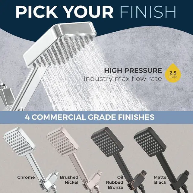 Alt view image 7 of 7 - ? ALL METAL Square Handheld Shower Head with Hose and Brass Holder - CHROME - 2.5 GPM High Pressure Shower Heads with Adjustable Shower Wand Bracket - 6ft Flexible Extension