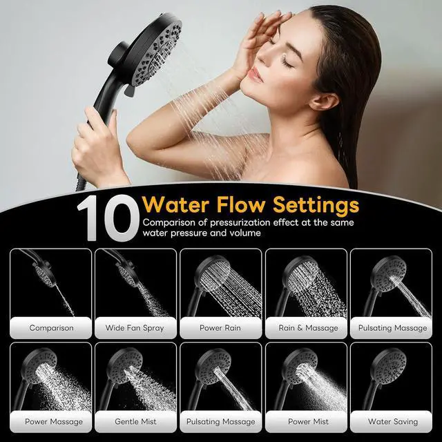 Alt view image 2 of 7 - High Pressure 10 Ways Handheld Shower Head Matte Black- Anti-clog Nozzles Built-in Power Wash to Clean Tub Wall & Overhead Brackets Magnetitc Rainfall Shower Wand Built-in 2 Power Jet