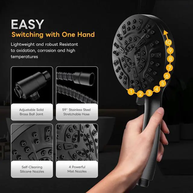 Alt view image 3 of 7 - High Pressure 10 Ways Handheld Shower Head Matte Black- Anti-clog Nozzles Built-in Power Wash to Clean Tub Wall & Overhead Brackets Magnetitc Rainfall Shower Wand Built-in 2 Power Jet