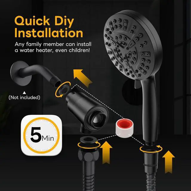 Alt view image 7 of 7 - High Pressure 10 Ways Handheld Shower Head Matte Black- Anti-clog Nozzles Built-in Power Wash to Clean Tub Wall & Overhead Brackets Magnetitc Rainfall Shower Wand Built-in 2 Power Jet