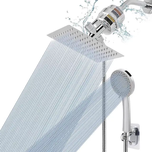 Main image of Filtered Shower Head High Pressure 8Square 5 settings Handheld Rain Shower Filter Combo with Self-adhesive Holder/1.5M Hose -1 Replaceable Filter Cartridge (Chrome Finish)