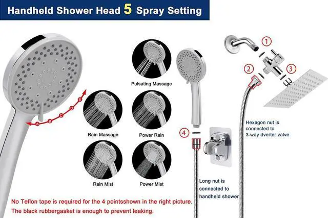 Alt view image 2 of 7 - Filtered Shower Head High Pressure 8Square 5 settings Handheld Rain Shower Filter Combo with Self-adhesive Holder/1.5M Hose -1 Replaceable Filter Cartridge (Chrome Finish)