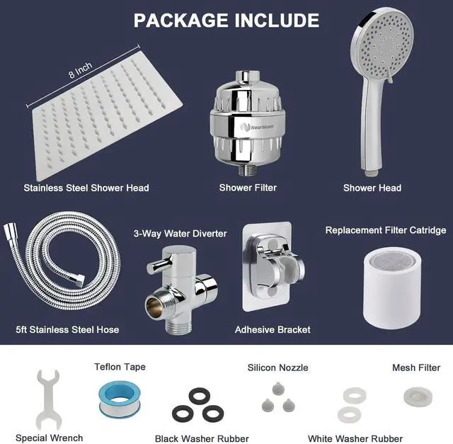 Alt view image 7 of 7 - Filtered Shower Head High Pressure 8Square 5 settings Handheld Rain Shower Filter Combo with Self-adhesive Holder/1.5M Hose -1 Replaceable Filter Cartridge (Chrome Finish)