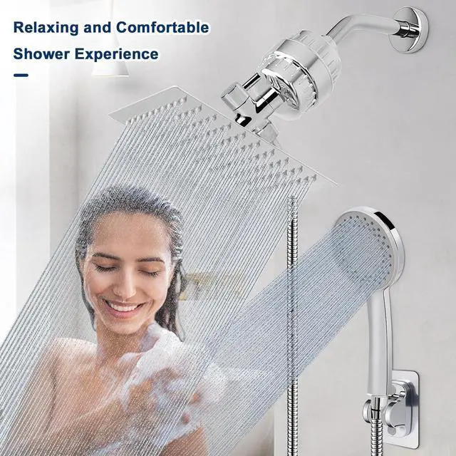 Alt view image 6 of 7 - Filtered Shower Head High Pressure 8Square 5 settings Handheld Rain Shower Filter Combo with Self-adhesive Holder/1.5M Hose -1 Replaceable Filter Cartridge (Chrome Finish)