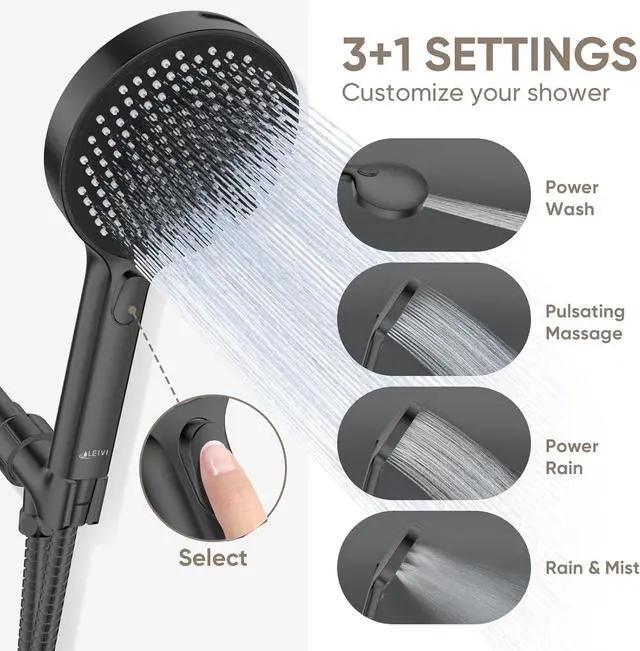 Alt view image 2 of 7 - High Pressure Shower Head 4-mode Handheld Showerheads with 70 Inch Stainless Steel Hose Built-in Power Wash to Clean Tub Tile & Pets Anti-clog Nozzles Adjustable Bracket Black