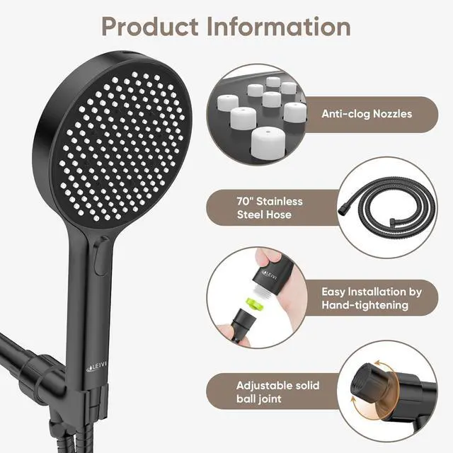 Alt view image 7 of 7 - High Pressure Shower Head 4-mode Handheld Showerheads with 70 Inch Stainless Steel Hose Built-in Power Wash to Clean Tub Tile & Pets Anti-clog Nozzles Adjustable Bracket Black