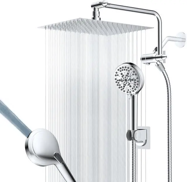 Main image of 12 All Metal Shower Head Combo High Pressure 10-Spray Handheld Showerhead Rainfall Shower Head 71 Long Hose 3-Way Diverter Valve Chrome