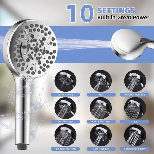 Alt view image 2 of 6 - 12 All Metal Shower Head Combo High Pressure 10-Spray Handheld Showerhead Rainfall Shower Head 71 Long Hose 3-Way Diverter Valve Chrome