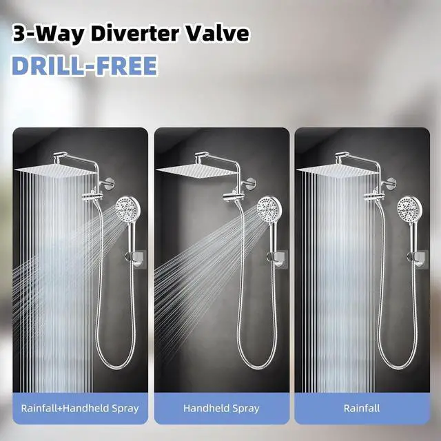Alt view image 4 of 6 - 12 All Metal Shower Head Combo High Pressure 10-Spray Handheld Showerhead Rainfall Shower Head 71 Long Hose 3-Way Diverter Valve Chrome