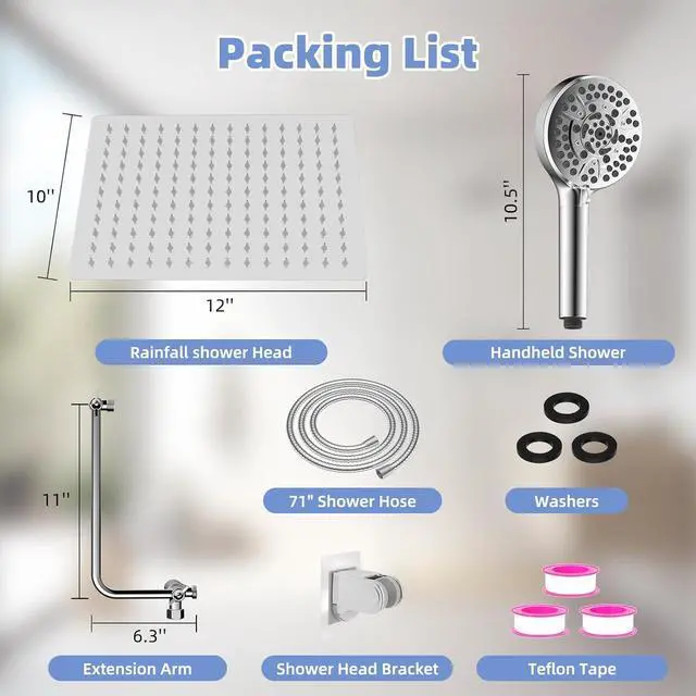 Alt view image 5 of 6 - 12 All Metal Shower Head Combo High Pressure 10-Spray Handheld Showerhead Rainfall Shower Head 71 Long Hose 3-Way Diverter Valve Chrome