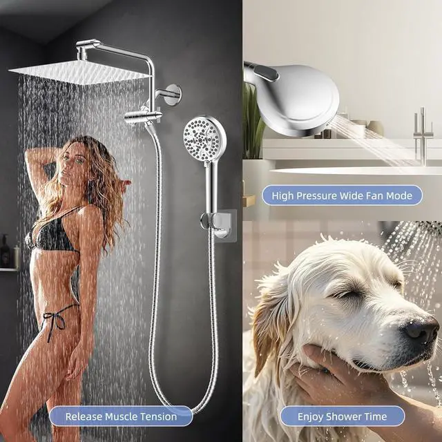 Alt view image 6 of 6 - 12 All Metal Shower Head Combo High Pressure 10-Spray Handheld Showerhead Rainfall Shower Head 71 Long Hose 3-Way Diverter Valve Chrome