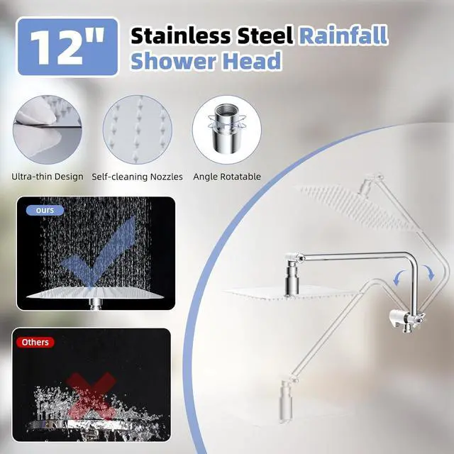 Alt view image 3 of 6 - 12 All Metal Shower Head Combo High Pressure 10-Spray Handheld Showerhead Rainfall Shower Head 71 Long Hose 3-Way Diverter Valve Chrome