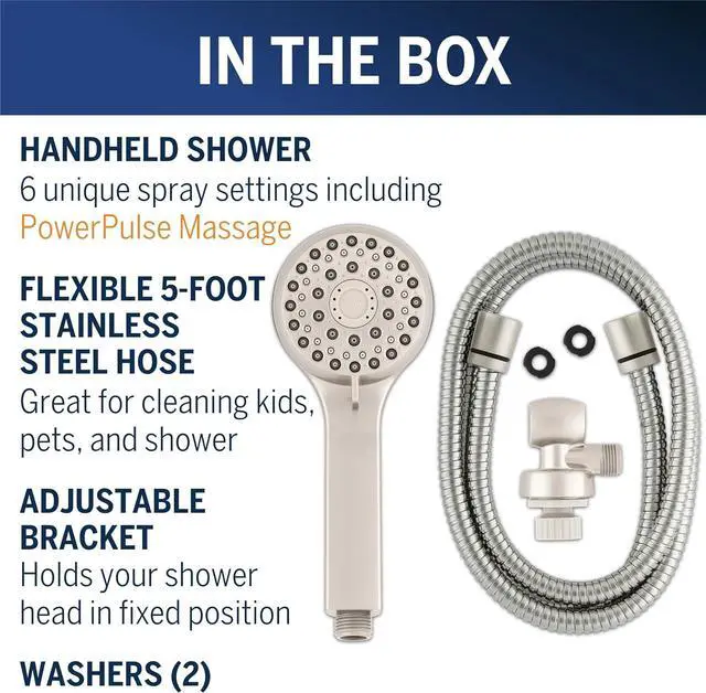 Alt view image 4 of 7 - Waterpik High Pressure Hand Held Shower Head With Hose, PowerPulse Massage 6-Mode, Brushed Nickel XAL-649ME