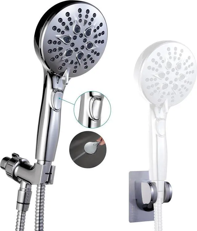Main image of Handheld Shower Head with on off Switch&Built-in Power Spray,7-Setting High Pressure Spray Shower Wand with 79in Long Hose&Bracket and Extra Adhesive Shower Holder for Lower Mount,Chrome