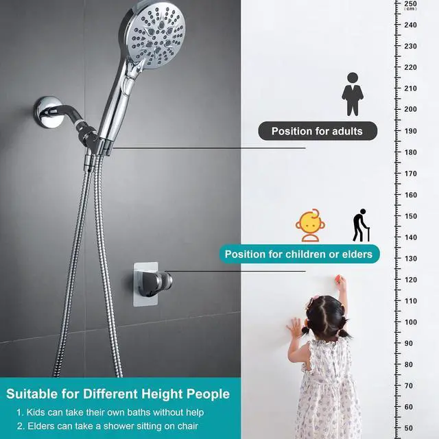 Alt view image 2 of 7 - Handheld Shower Head with on off Switch&Built-in Power Spray,7-Setting High Pressure Spray Shower Wand with 79in Long Hose&Bracket and Extra Adhesive Shower Holder for Lower Mount,Chrome