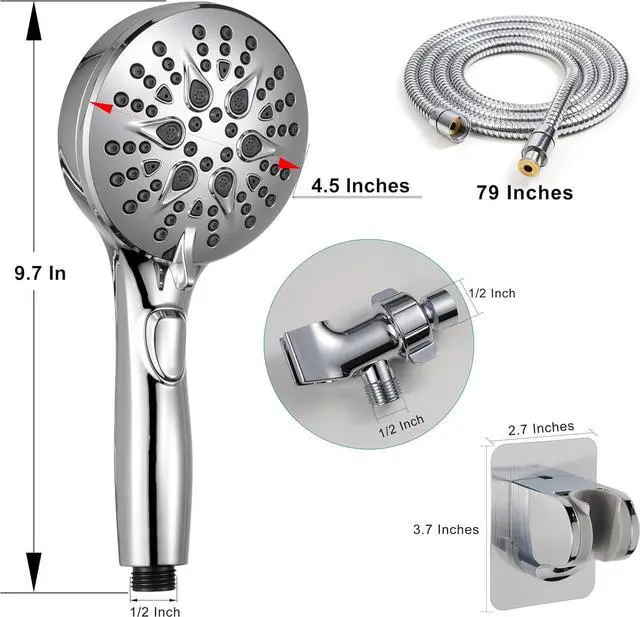 Alt view image 6 of 7 - Handheld Shower Head with on off Switch&Built-in Power Spray,7-Setting High Pressure Spray Shower Wand with 79in Long Hose&Bracket and Extra Adhesive Shower Holder for Lower Mount,Chrome