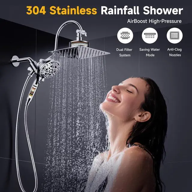Alt view image 2 of 7 - Dual Filtered Shower Head with Handheld and Magnetic - 8 Square Rain Shower Head High Pressure with Handheld Combo 8+2-Spray Magnetic Detachable Showerhead with Power Jets Chrome