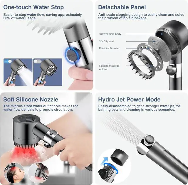 Alt view image 5 of 7 - Ion Drops Filtered Shower Head High Pressure Shower Head with ON/OFF Switch 3 Spray Modes & Hydro Jet Power Mode for Hard Water 5 Replacement Filters Shower Heads Combo for RVs Gyms
