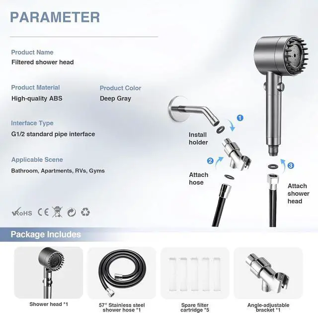 Alt view image 6 of 7 - Ion Drops Filtered Shower Head High Pressure Shower Head with ON/OFF Switch 3 Spray Modes & Hydro Jet Power Mode for Hard Water 5 Replacement Filters Shower Heads Combo for RVs Gyms