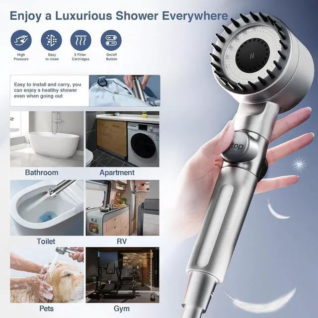 Alt view image 7 of 7 - Ion Drops Filtered Shower Head High Pressure Shower Head with ON/OFF Switch 3 Spray Modes & Hydro Jet Power Mode for Hard Water 5 Replacement Filters Shower Heads Combo for RVs Gyms