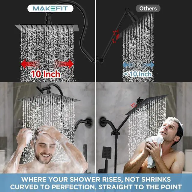Alt view image 2 of 5 - All Metal Dual Shower Head Combo with Curved Extension Arm 10 High Pressure Rain Shower Head with Handheld Spray Square Adjustable Rainfall Showerhead System 71 Extra Long Shower Hose Black