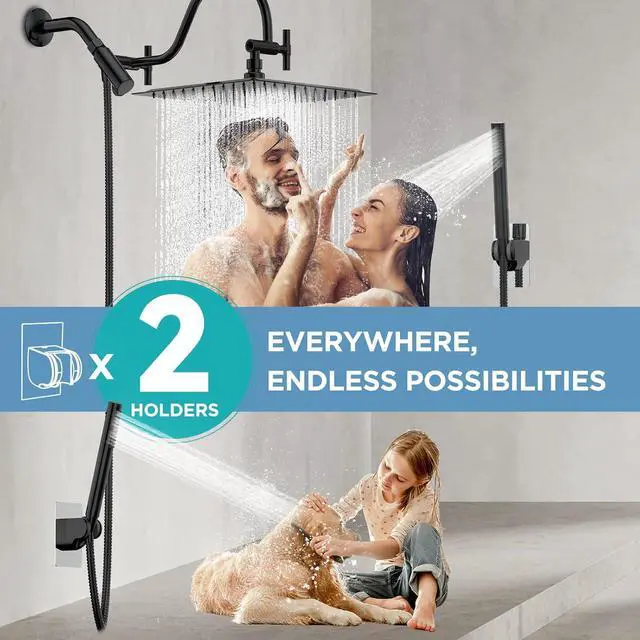 Alt view image 4 of 5 - All Metal Dual Shower Head Combo with Curved Extension Arm 10 High Pressure Rain Shower Head with Handheld Spray Square Adjustable Rainfall Showerhead System 71 Extra Long Shower Hose Black