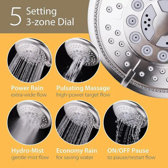 Alt view image 2 of 7 - 1733 Handheld Showerhead & Rain Shower Combo. High Pressure 24 Function 4 Face Dual 2 in 1 Shower Head System with Stainless Steel Hose Patented 3-way Water Diverter in Nickel Finish