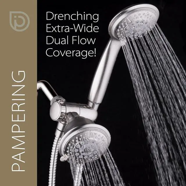Alt view image 4 of 7 - 1733 Handheld Showerhead & Rain Shower Combo. High Pressure 24 Function 4 Face Dual 2 in 1 Shower Head System with Stainless Steel Hose Patented 3-way Water Diverter in Nickel Finish