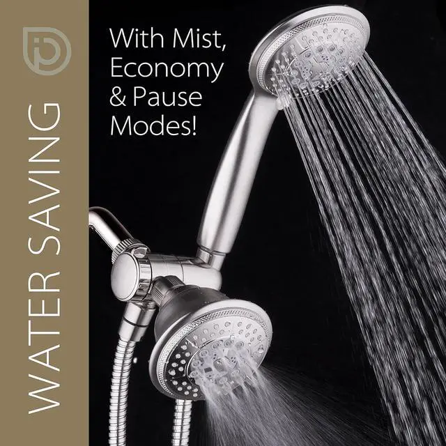 Alt view image 7 of 7 - 1733 Handheld Showerhead & Rain Shower Combo. High Pressure 24 Function 4 Face Dual 2 in 1 Shower Head System with Stainless Steel Hose Patented 3-way Water Diverter in Nickel Finish