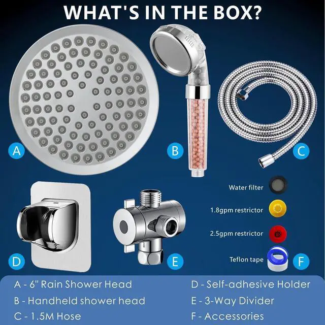 Alt view image 3 of 7 - High Pressure Rain Shower Head with Handheld Spray Combo Hand Held Filter Showerhead with Self-adhesive Holder and 59 Hose (Round Chrome)