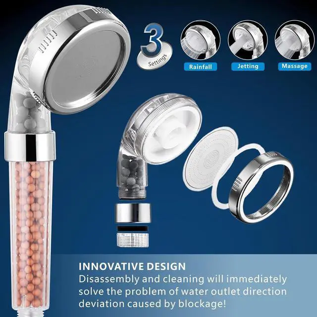 Alt view image 5 of 7 - High Pressure Rain Shower Head with Handheld Spray Combo Hand Held Filter Showerhead with Self-adhesive Holder and 59 Hose (Round Chrome)