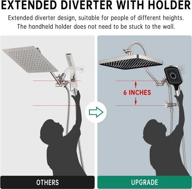 Alt view image 2 of 7 - 13-Inch Shower Heads with Multi-Function Handheld Sprayer Combo 3-Way Metal Extended Diverter with Holder and Metal Adjustable Curved Shower Extension Arm Extra Long Hose Brushed Nickel