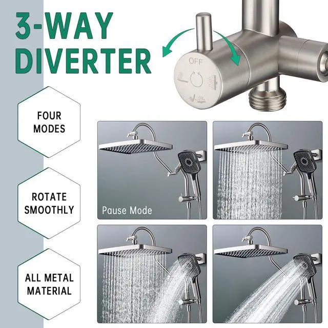 Alt view image 3 of 7 - 13-Inch Shower Heads with Multi-Function Handheld Sprayer Combo 3-Way Metal Extended Diverter with Holder and Metal Adjustable Curved Shower Extension Arm Extra Long Hose Brushed Nickel